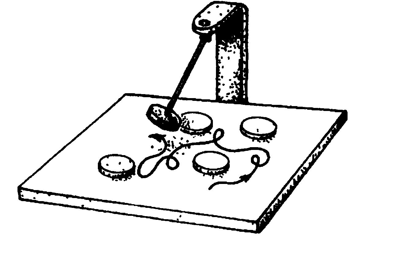 Хаотическое движение. Механическая игрушка состоит из магнитного маятника, который качается над набором фиксированных магнитов. Траектория, описываемая маятником, весьма чувствительным образом зависит от его начального
положения и скорости