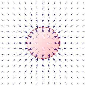 Изображено поле ускорения для области пространства, с квантовыми частицами находящимися  внутри сферы, схематически изображенной красной пунктирной линией.