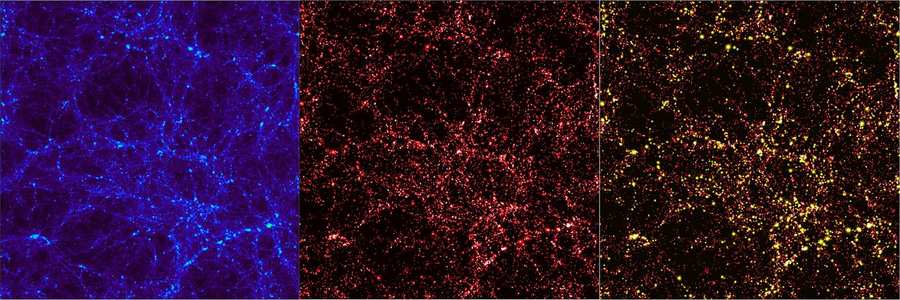 Предполагаемое распределение темной материи в исследуемом участке неба в соответствии с различными моделями. Изображение The Virgo Consortium/Alexandre Amblard/ESA