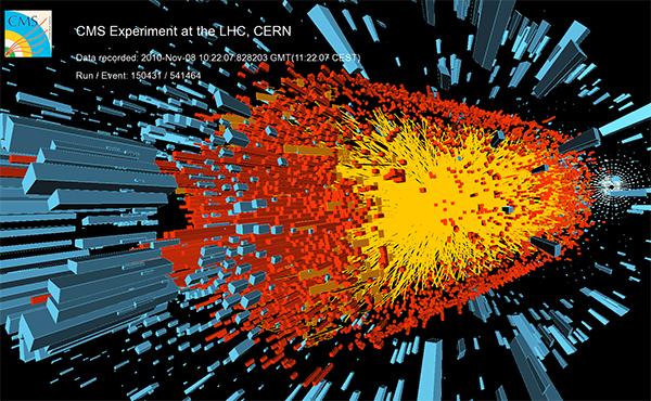 Зарегистрированное детектором CMS Большого адронного коллайдера столкновение ионов свинца, которое могло бы дать какую-то информацию о «сверхпроводящем» вакууме. (Иллюстрация ЦЕРН.)