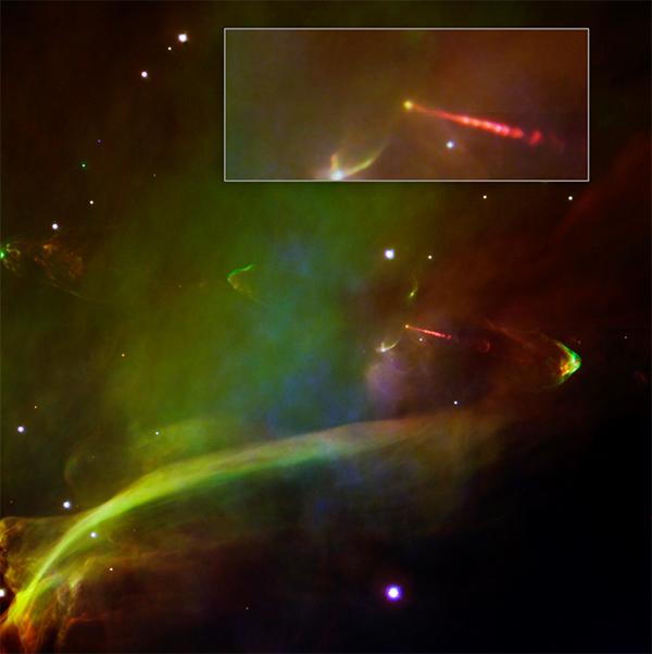 Снимок HH 34 в видимом диапазоне, сделанный «<noindex><a target=_blank href=http://www.eso.org/paranal/>Очень большим телескопом</a></noindex>». Здесь виден только один джет. (Иллюстрация НАСА / JPL-Caltech.)