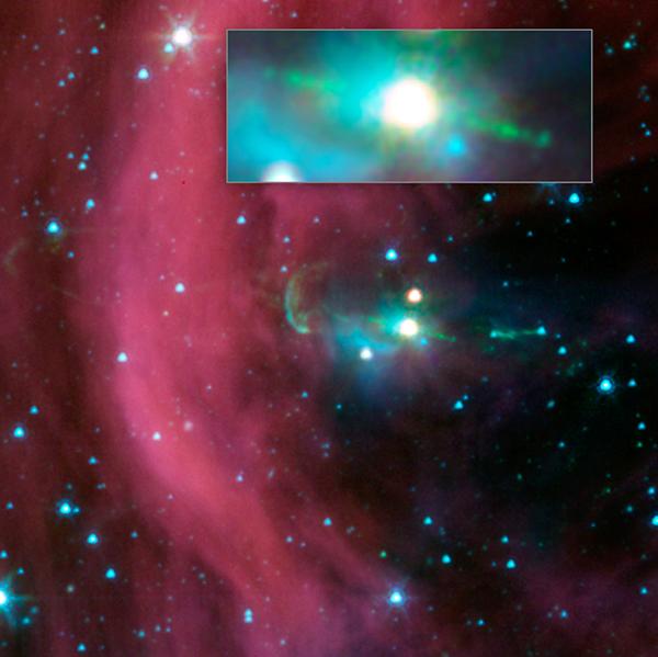 Инфракрасная фотография HH 34 с двумя видимыми джетами (иллюстрация НАСА / JPL-Caltech).
