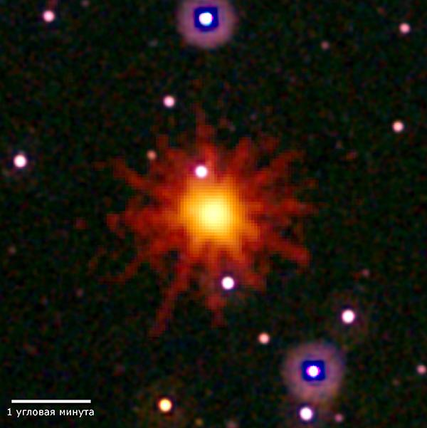 Изображение GRB 110328A, переданное аппаратом Swift. Здесь фиолетовым и белым отмечены данные по видимому и ультрафиолетовому диапазонам, а жёлтым и красным — по рентгеновской области. (Иллюстрация НАСА / Swift / Stefan Immler.)
