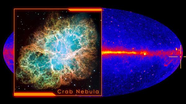 Изображение Крабовидной туманности, переданное «<noindex><a target=_blank href=http://hubblesite.org/>Хабблом</a></noindex>». На заднем плане — гамма-карта всего неба, на которой отмечено расположение пульсара PSR B0531+21. (Иллюстрация НАСА.)