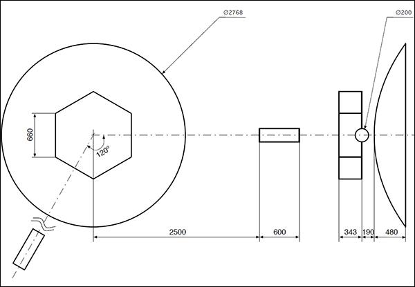 Геометрическая модель «Пионера». На виде сбоку показано расположение радиоизотопного генератора и приборного отсека относительно антенны. Размеры проставлены в миллиметрах. (Иллюстрация авторов работы.)