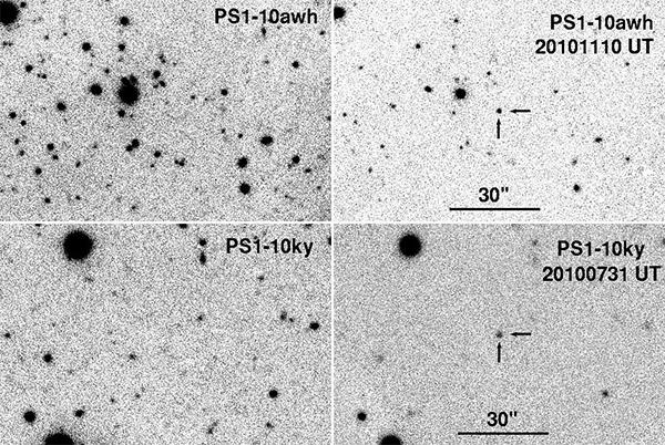 Участки неба до (слева) и после вспышек PS1-10ky и PS1-10awh (иллюстрация из Astrophysical Journal).