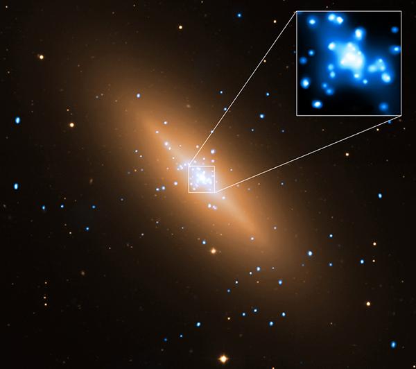 NGC 3115 на снимке, объединяющем данные с «Чандры» и «<noindex><a target=_blank href=http://www.eso.org/public/teles-instr/vlt.html>Очень большого телескопа</a></noindex>» (иллюстрация НАСА / CXC / Univ. of Alabama / K. Wong et al, ESO / VLT).