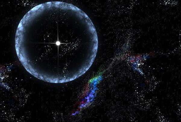 Один из самых ярких взрывов в истории астрономии. Зарегистрирован 27 декабря 2004 года; продолжался десятую долю секунды. Его источником считается магнетар. (Изображение НАСА.)