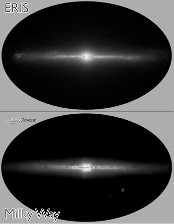 Визуализация результатов моделирования: виртуальная галактика Эрида в фас и в профиль. Голубоватые области соответствуют регионам активного формирования звезд (их больше в спиральных рукавах); желтые – более древним звездам (в частности, центральной перемычки)