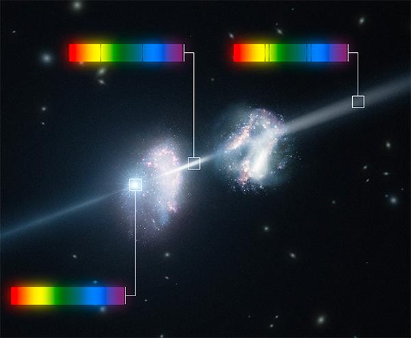 Галактики в молодой Вселенной, «фильтрующие» излучение GRB 090323. Газ в этих галактиках поглощает на определённых длинах волн, оставляя чёрные полосы в спектре. (Иллюстрация ESO / L. Calçada.)