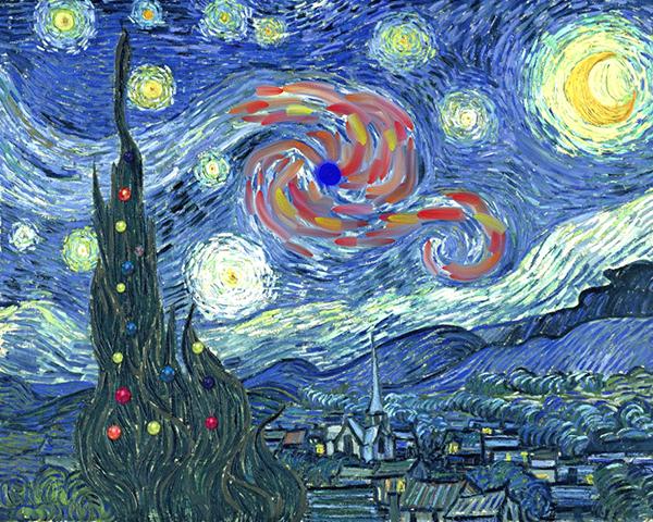 Так GRB 101225A мог бы выглядеть на картине Ван Гога «Звёздная ночь». (Иллюстрация S. Campana, INAF-Osservatorio astronomico di Brera.)