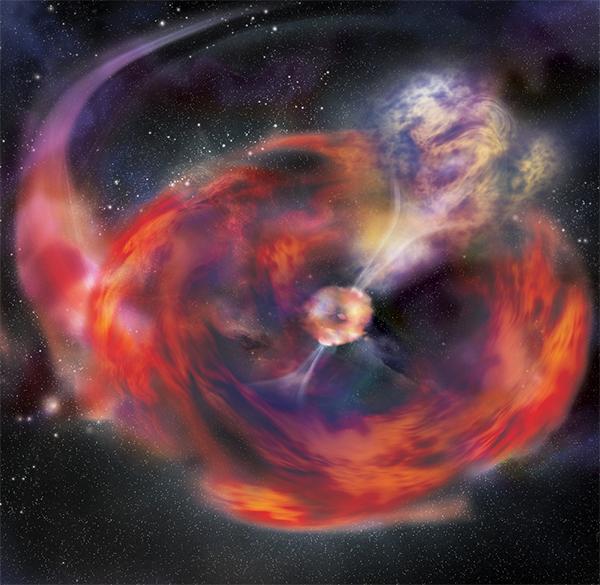 Слияние гелиевой и нейтронной звёзд, сопровождающееся гамма-всплеском (иллюстрация Aurore Simonnet, НАСА E/PO, Sonoma State University).