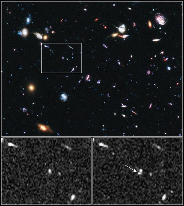 Сверху показана часть поля Hubble Ultra-Deep Field, а снизу — область, в которой появляется SN Primo. Правый снимок сделан 10 октября 2010 года. (Иллюстрация НАСА, ESA, A. Riess, S. Rodney.)