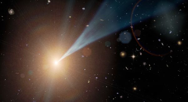 Процесс выброса релятивистской струи из сверхмассивной ЧД в представлении художника (изображение NASA / JPL-Caltech).