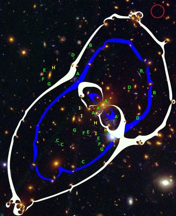 Скопление MACS J1149,6+2223. Север — вверху, восток — слева. Расположение галактики MACS1149-JD1 отмечено красным кружком. (Фото «Хаббл» / «Спитцер» / Wei Zheng et al.)
